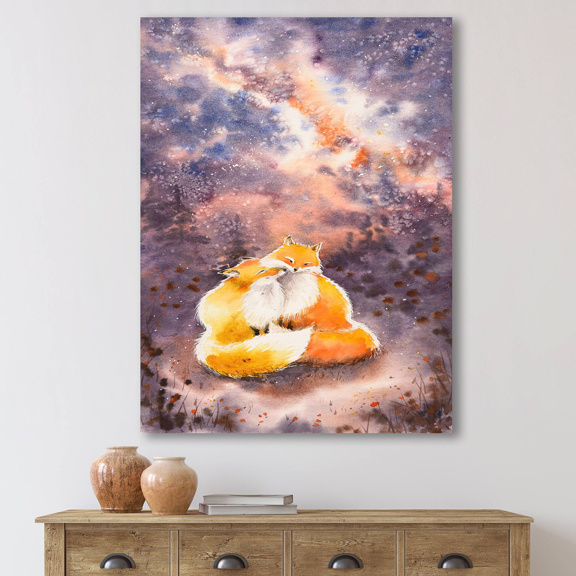 Designart - Hugging Foxes Over A Night Sky
